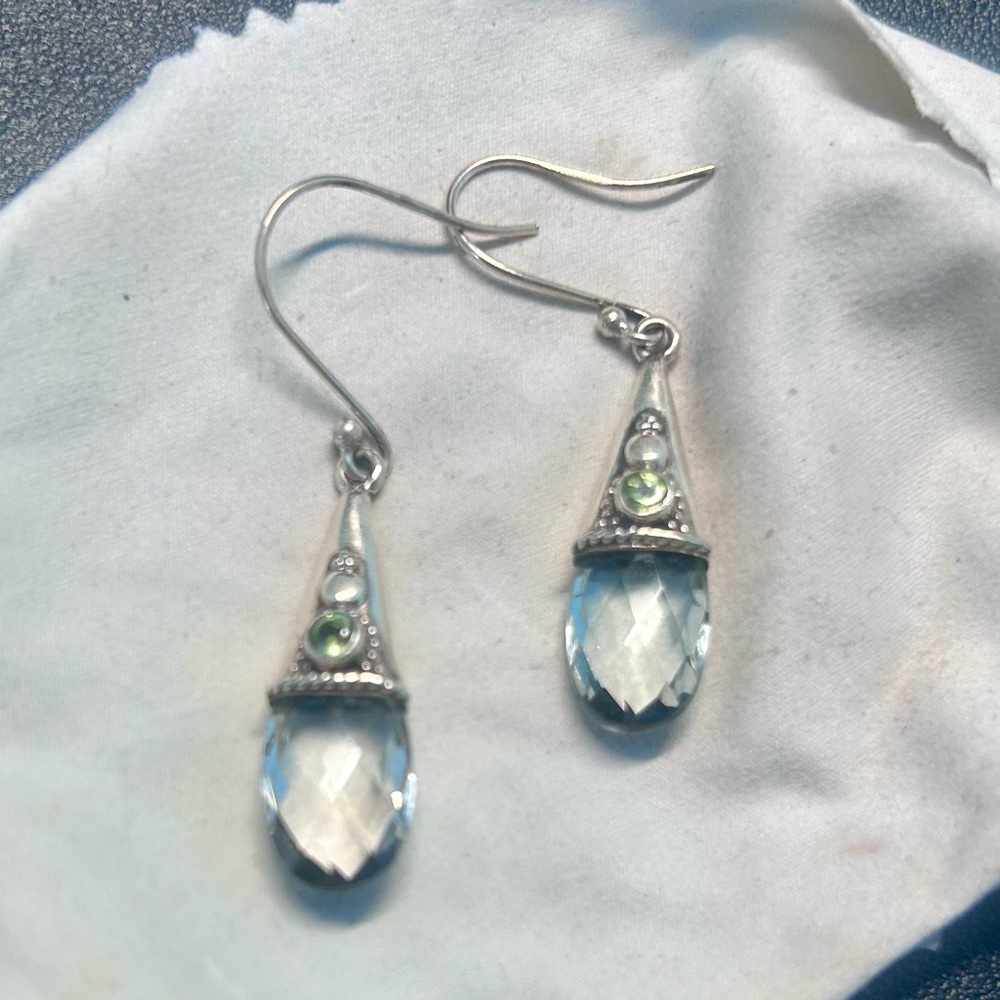 Sterling Silver Blue Teardrop Crystal Earrings with Green Accents